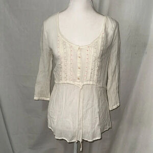 Aerie White Blouse Small Corset Detail Red Stitching Front Button 3/4 Sleeve